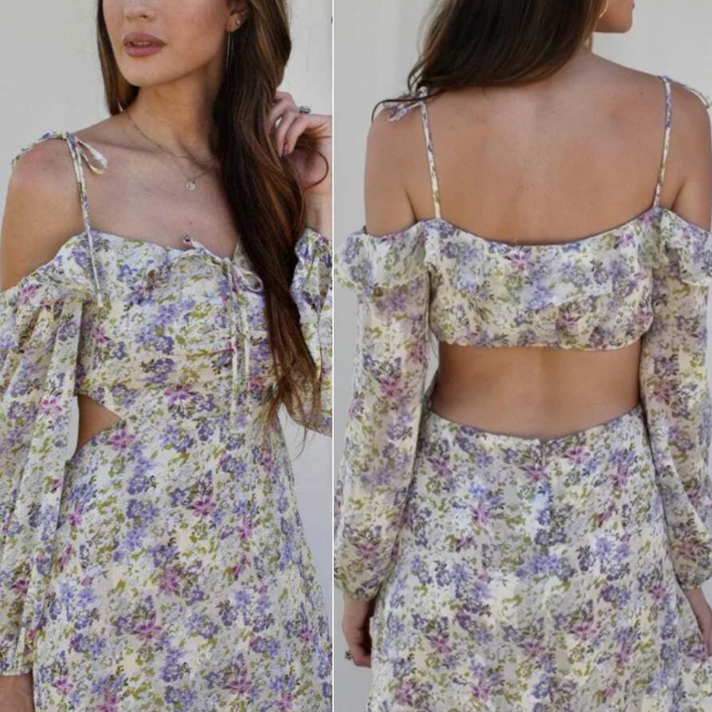 ASTR Anastasia Cutout Back Mini Dress, Ivory Lilac Floral, NWT